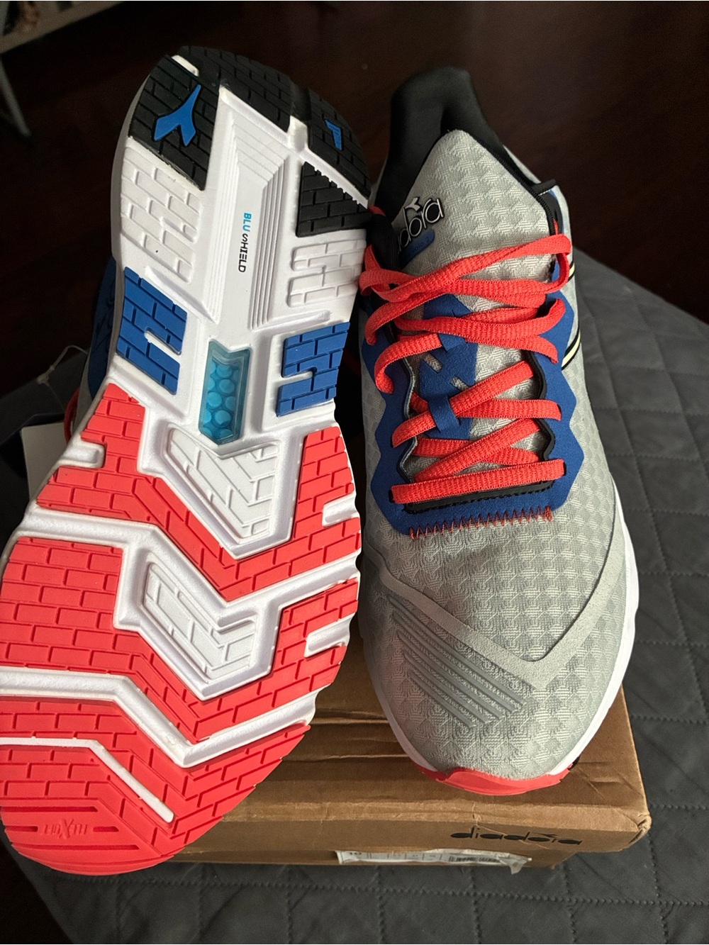 Diadora Kids Gray Sneakers with Red Laces and Blue Accents